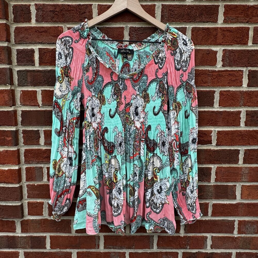 Melissa Paige Crinkle Babydoll Top Womens Large Paisley Print Pleated Accordion